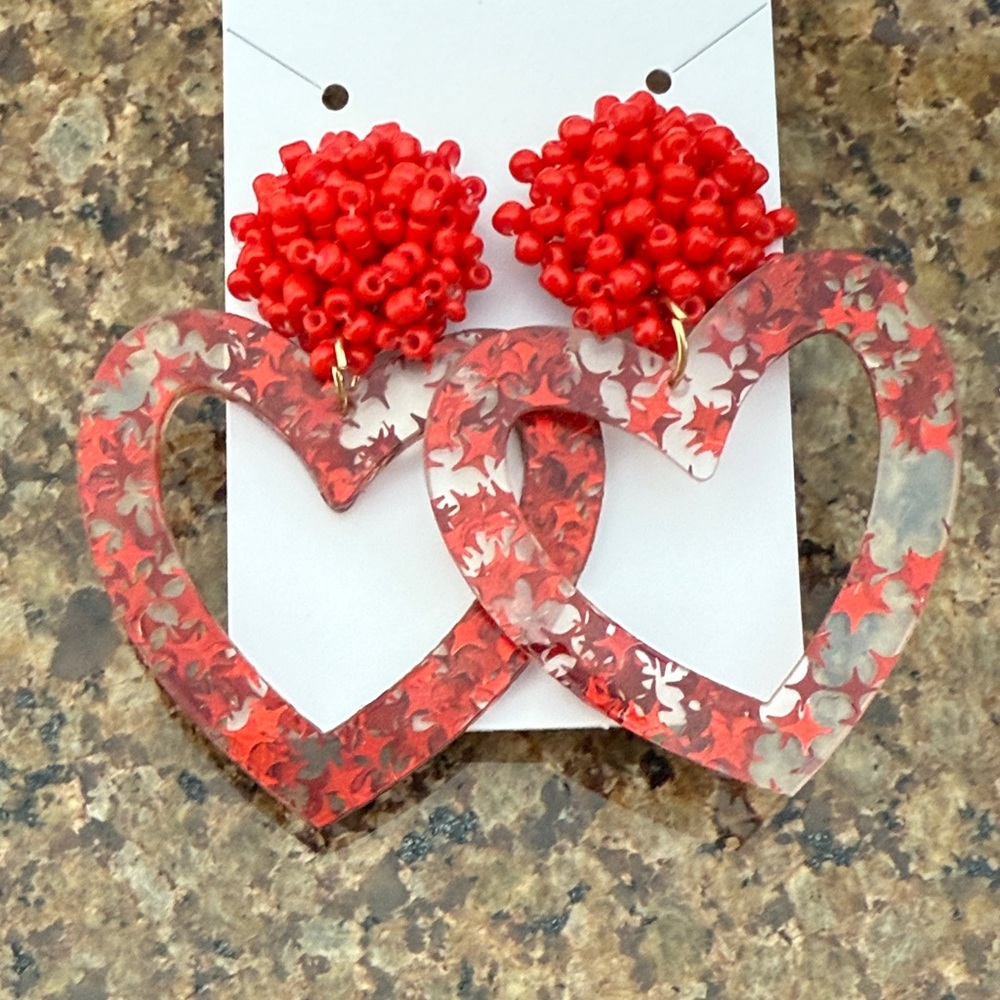 Red Heart Earrings with Beaded Accents